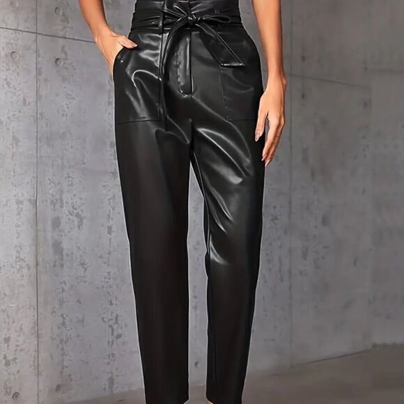 Faux Leather Slim Pants Slant Pockets High Waist Belted Pants - Picture 1 of 3